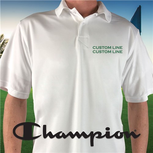 Embroidered Custom Message Lines Green Thread Champion White Polo image