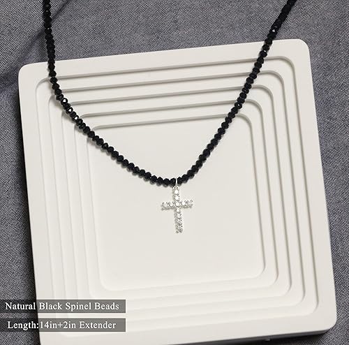Natural Black Spinel Beads with Zircona Cross Necklace image