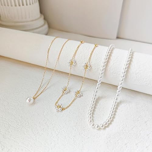 Pearl Necklaces 14K Gold Plated Dainty Daisy Pearls -Gold Or Silver image