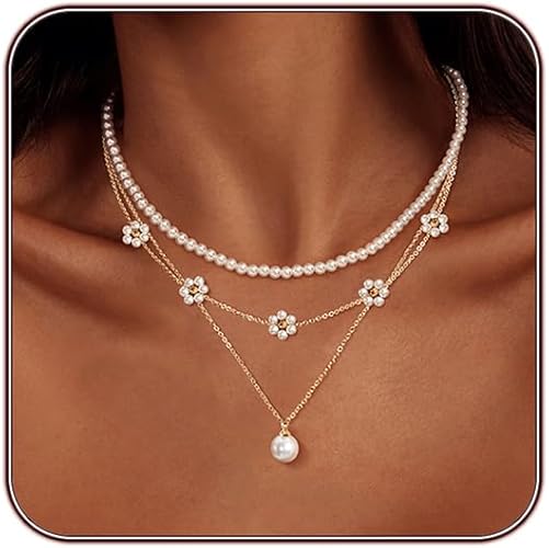 Pearl Necklaces 14K Gold Plated Dainty Daisy Pearls -Gold Or Silver image