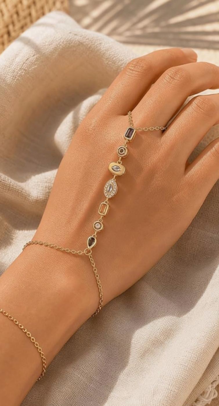 3-Piece Colorful Necklace, Long Dangle Earrings & Hand Chain Bracelet Gold Tone or Silver image