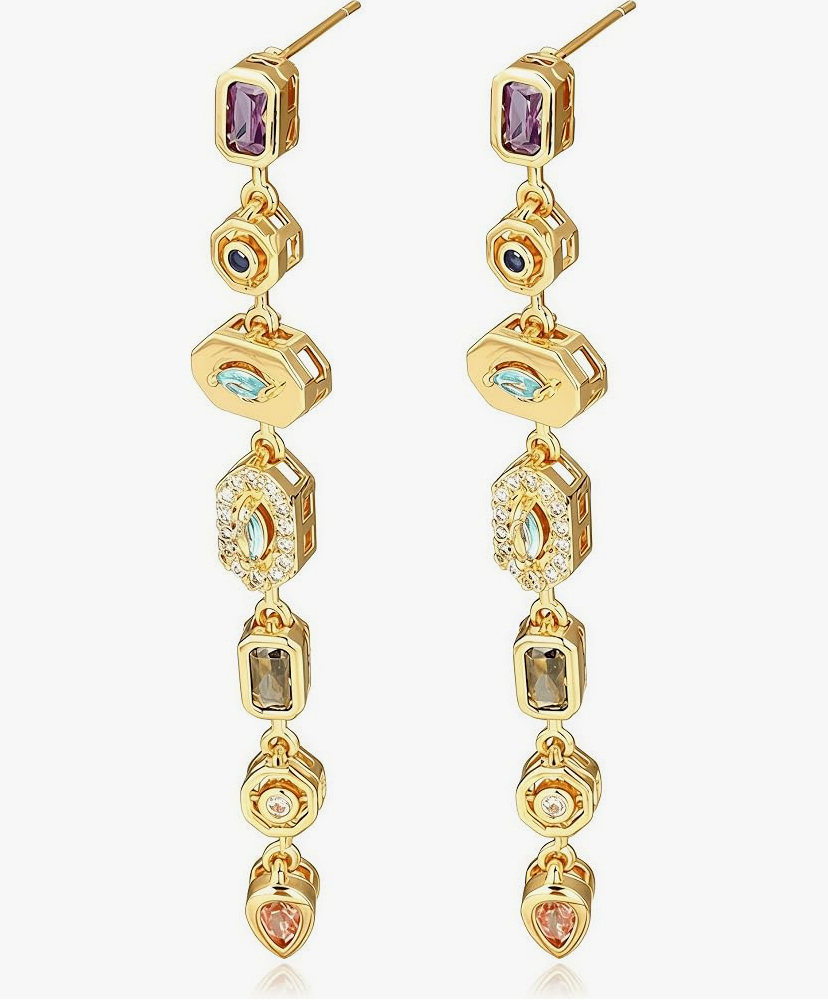 Colorful Gemstone 7 Stone Dangle Earrings - Gold Or Silver image