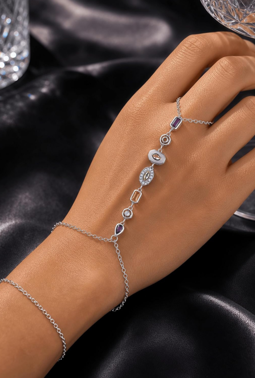 3-Piece Colorful Necklace, Long Dangle Earrings & Hand Chain Bracelet Gold Tone or Silver image