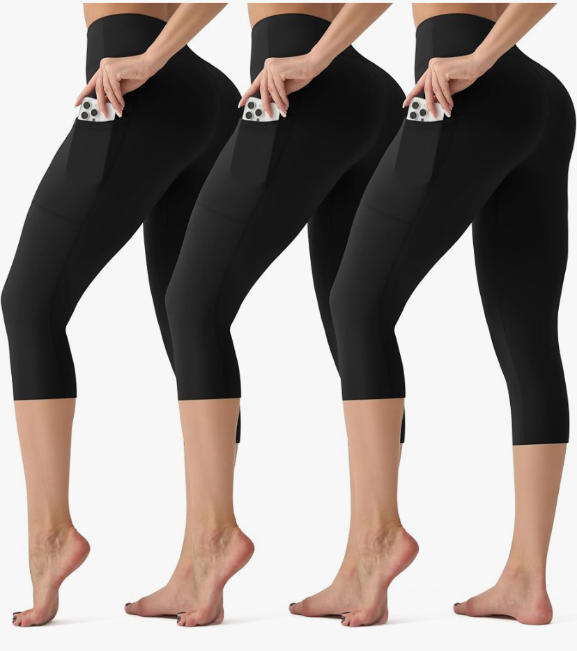 3 Pack Capri Leggings with Pockets - High Waisted Tummy Control - 9 Color Sets