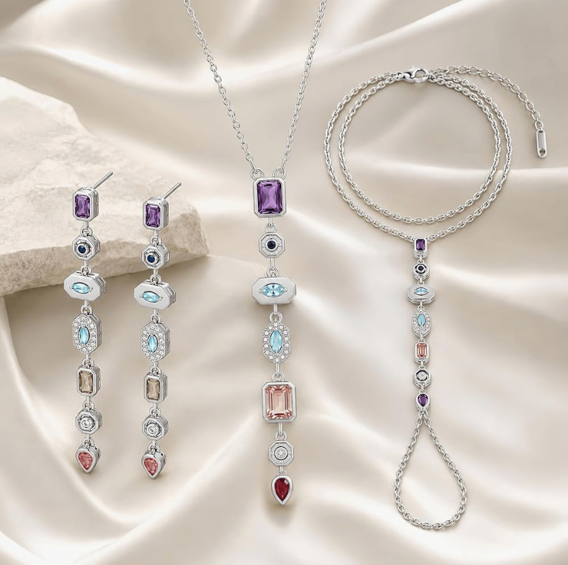 3-Piece Colorful Necklace, Long Dangle Earrings & Hand Chain Bracelet Gold Tone or Silver image