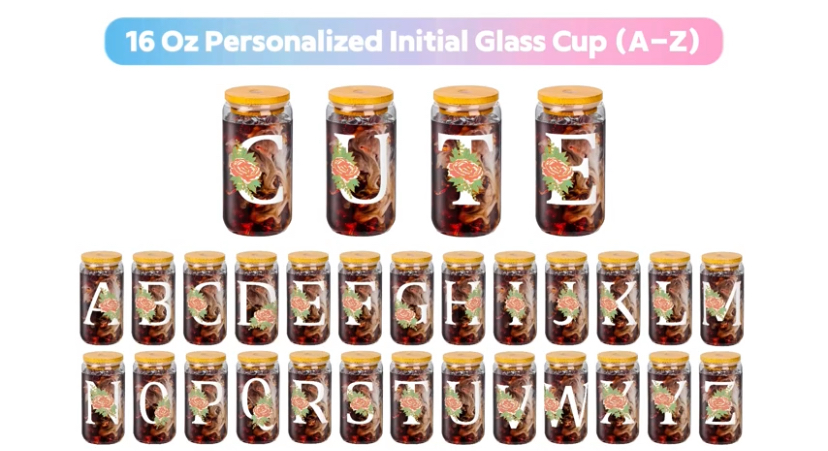 16oz Initial Glass Cup with Lid and Straw image