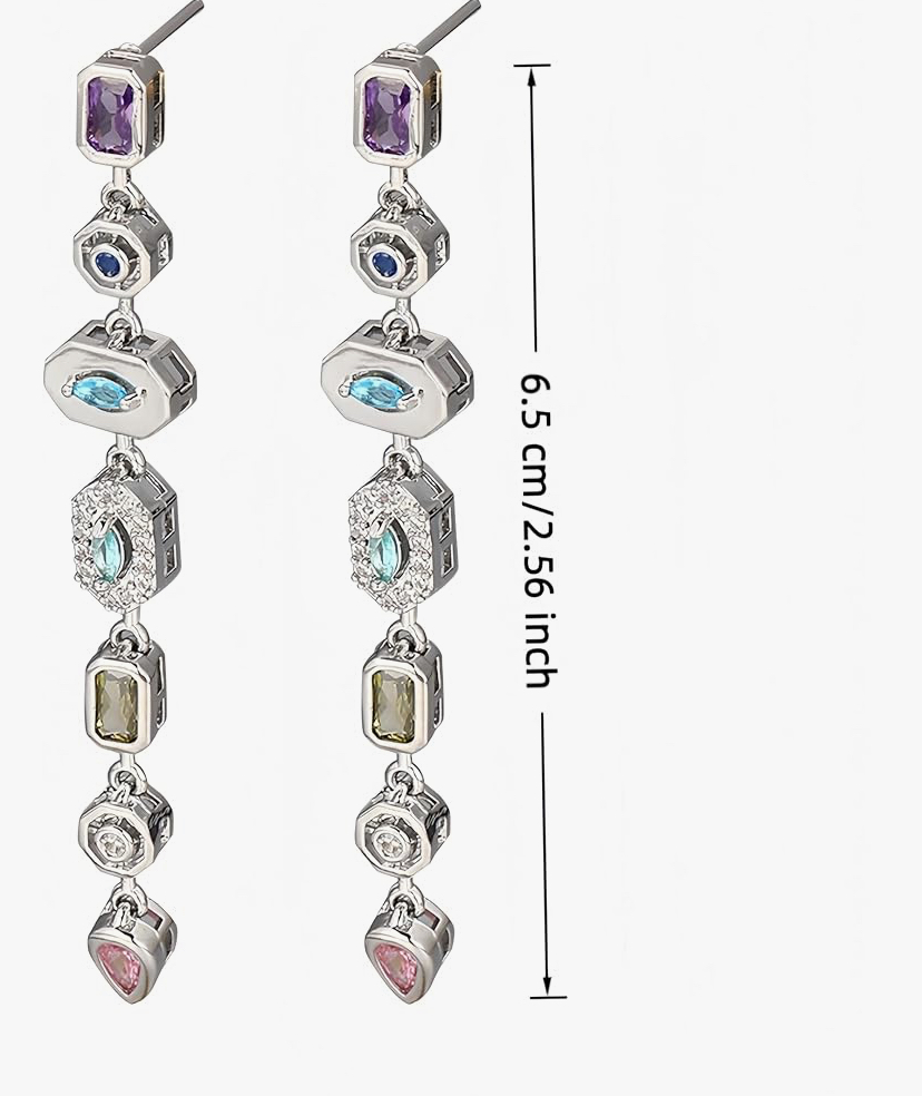 Colorful Gemstone 7 Stone Dangle Earrings - Gold Or Silver image