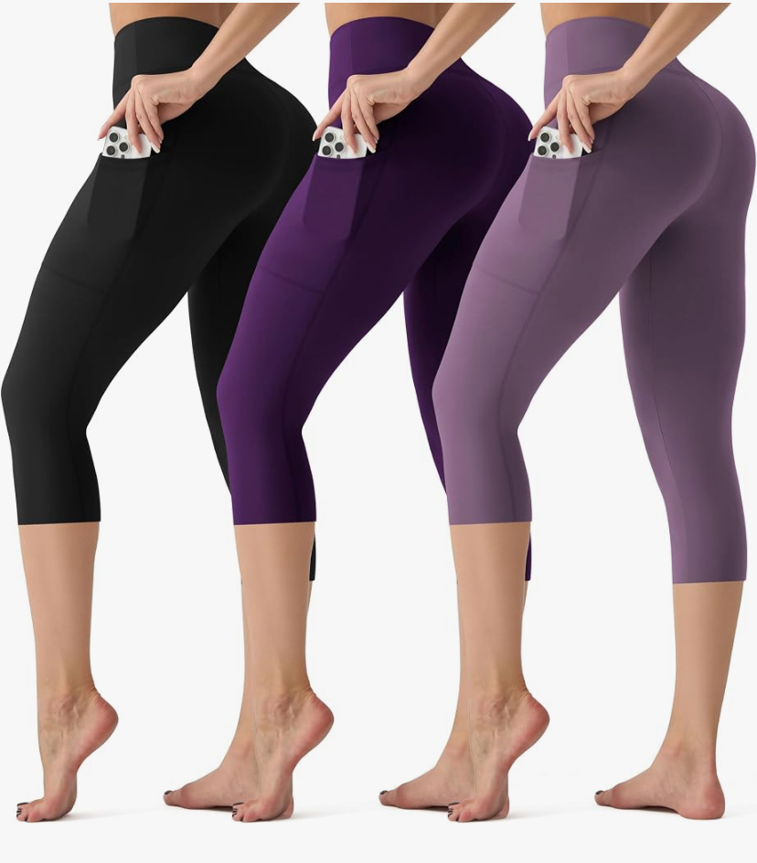 3 Pack Capri Leggings with Pockets - High Waisted Tummy Control - 9 Color Sets image