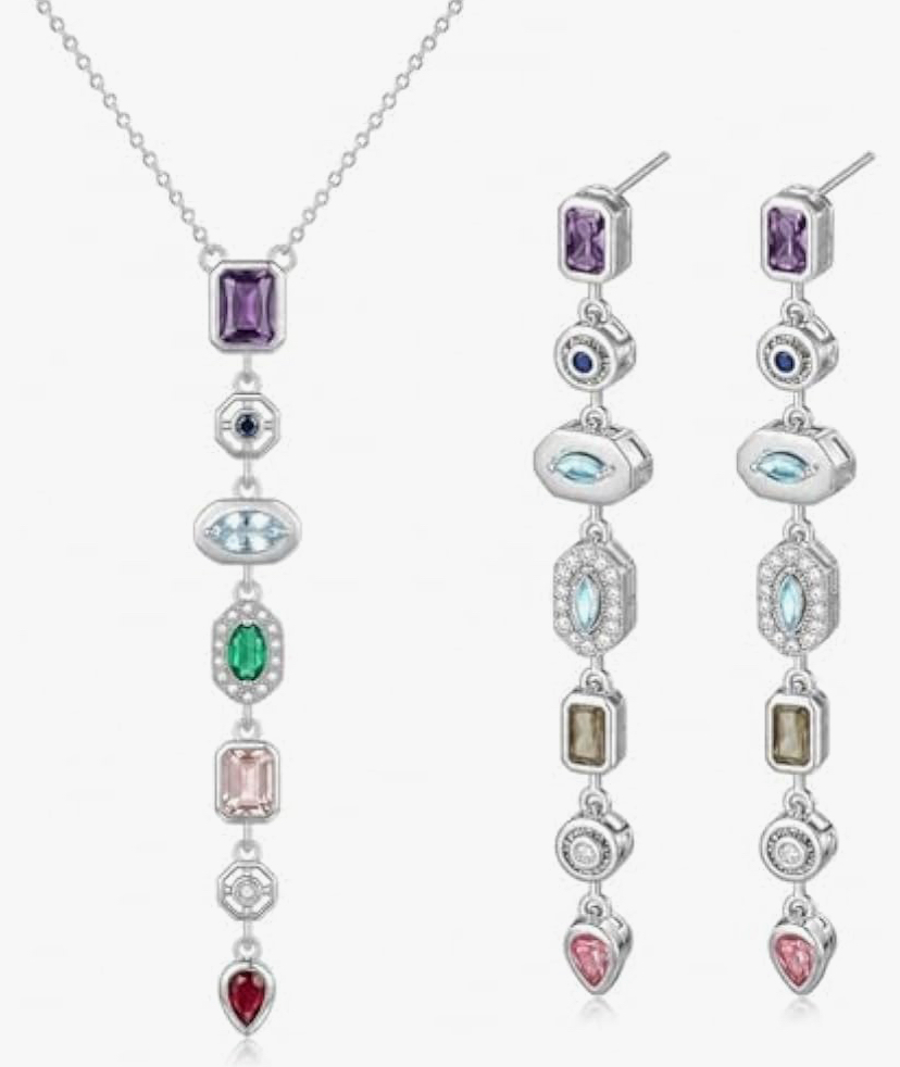 Silver or Gold 7 Stone Necklace and Earrings Set image