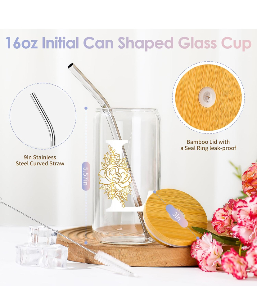 16oz Initial Glass Cup with Lid and Straw image