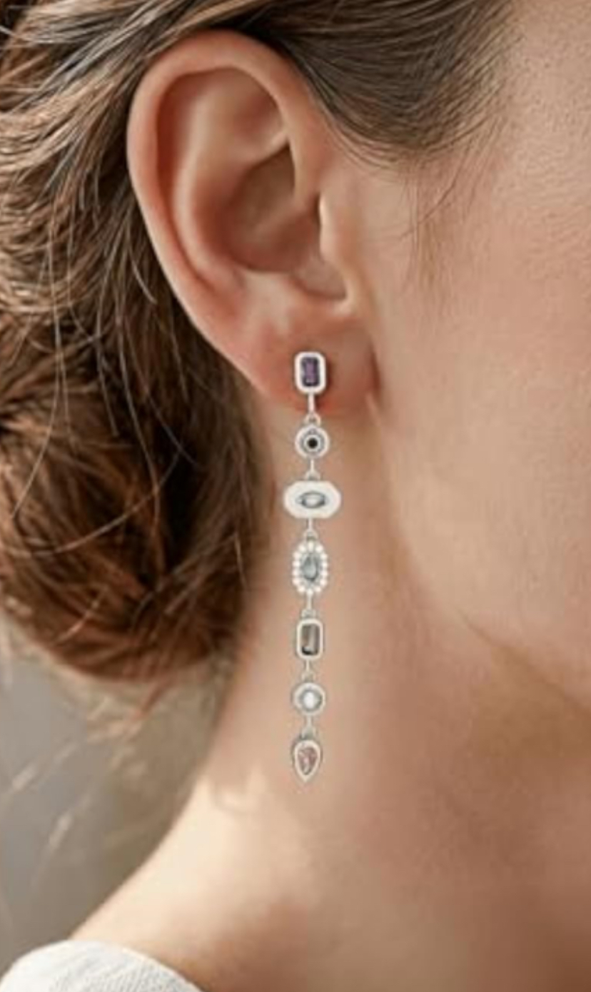 Colorful Gemstone 7 Stone Dangle Earrings - Gold Or Silver image