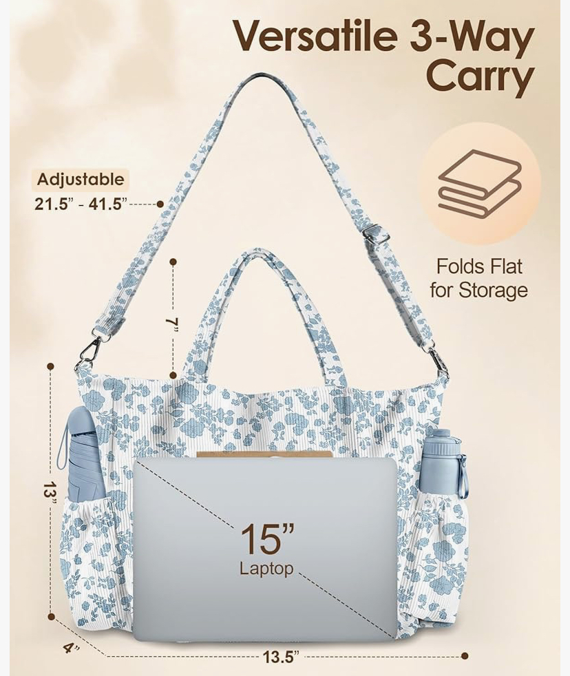Crossbody Corduroy Tote Bag- Multi Pockets - 15 Colors Patterns image