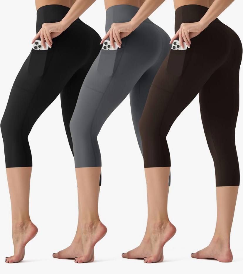 3 Pack Capri Leggings with Pockets - High Waisted Tummy Control - 9 Color Sets image