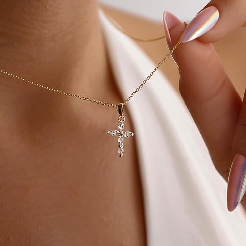 Cross Necklace / Cubic Zirconia 14K Gold Silver Plated