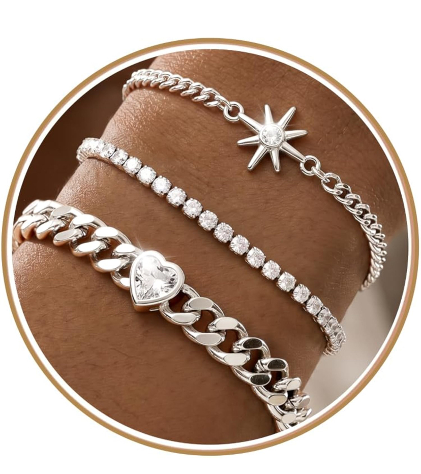 14K Gold Plated 3 Piece Sparkly Bracelets - Gold or Silver Set image