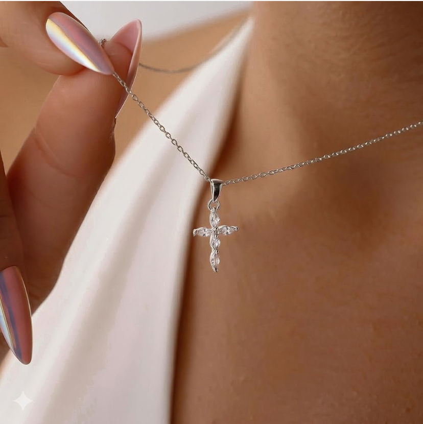 Cross Necklace / Cubic Zirconia 14K Gold Silver Plated or All Silver