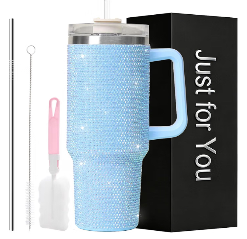 40oz Rhinestone Tumbler Set - Bling Stainless Steel with Handle, Includes Leakproof Lid,  2 Straws and 2 Brushes- 7 Colors image