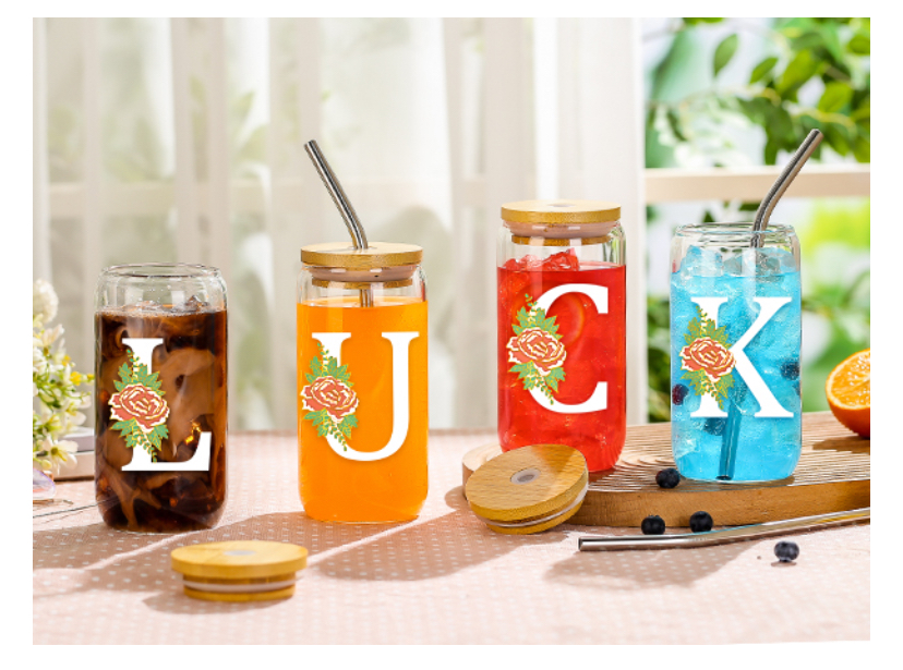 16oz Initial Glass Cup with Lid and Straw