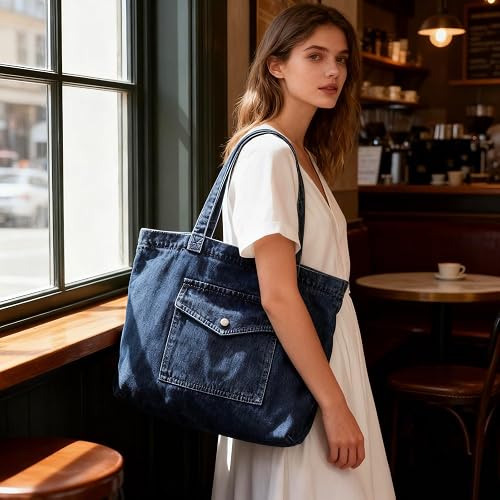 Vintage Denim Tote Bag with Zipper - 2 Denim Shades image