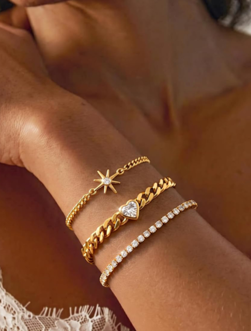 14K Gold Plated 3 Piece Sparkly Bracelets - Gold or Silver Set image