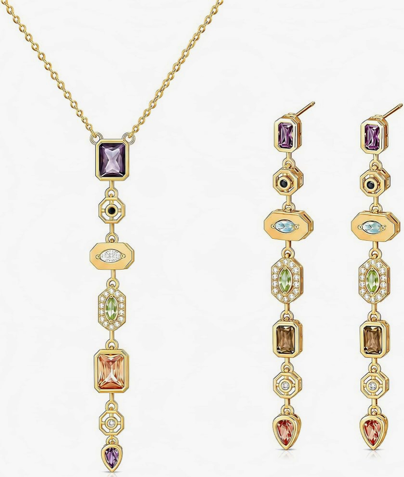 Silver or Gold 7 Stone Necklace and Earrings Set