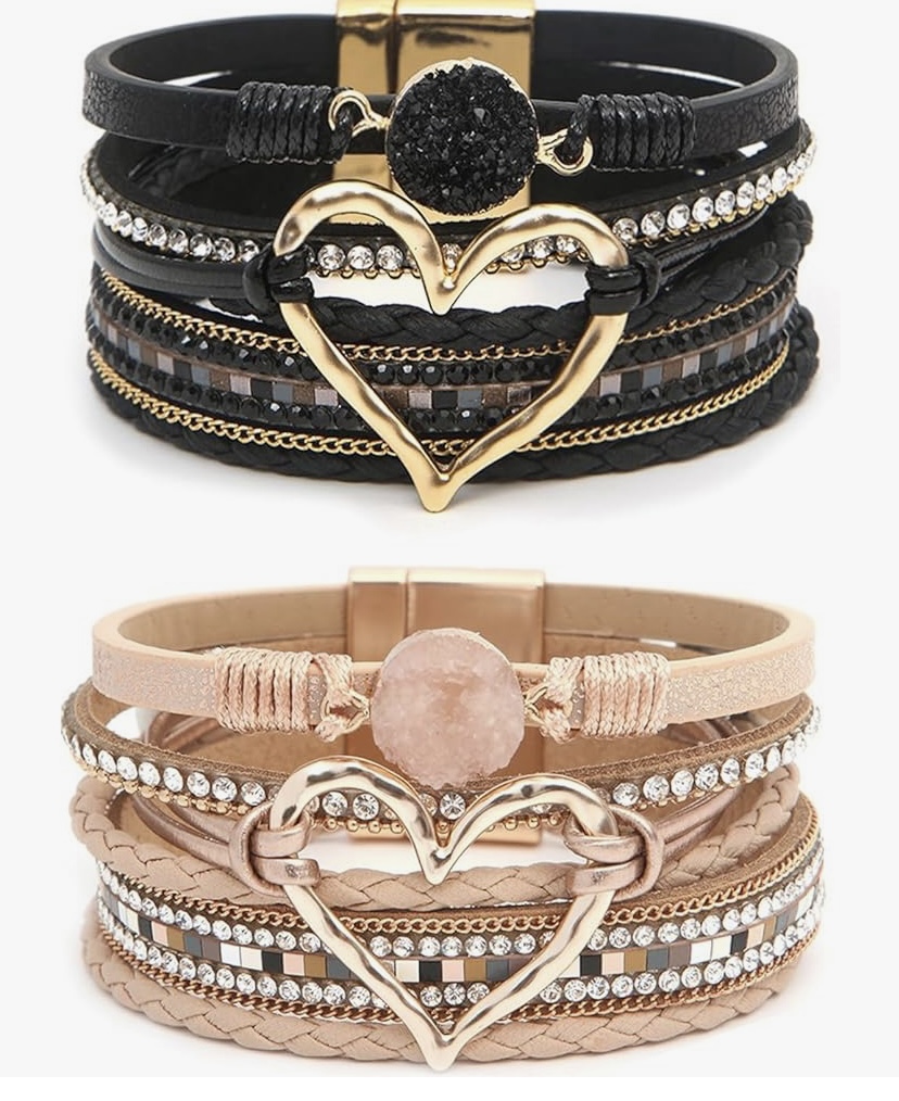 2 Pcs Boho Heart Bracelets Woven Leather - 9  Color Sets image