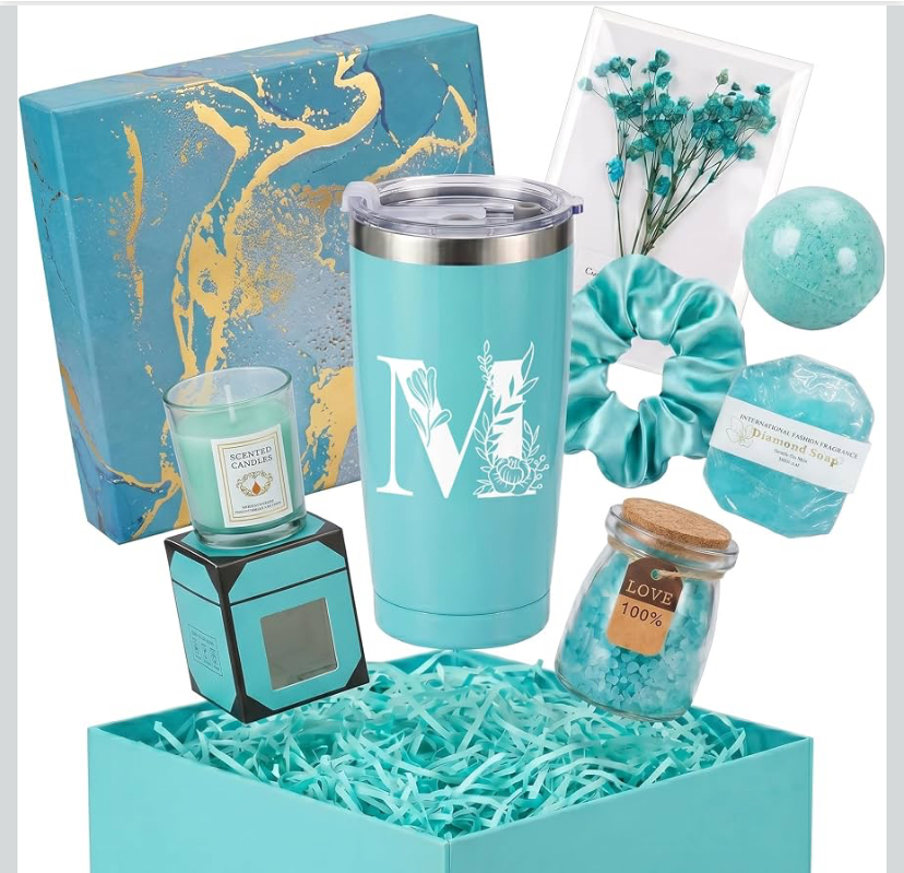 Women's Pretty Teal Initial Tumbler & Spa Bath Gift Box image
