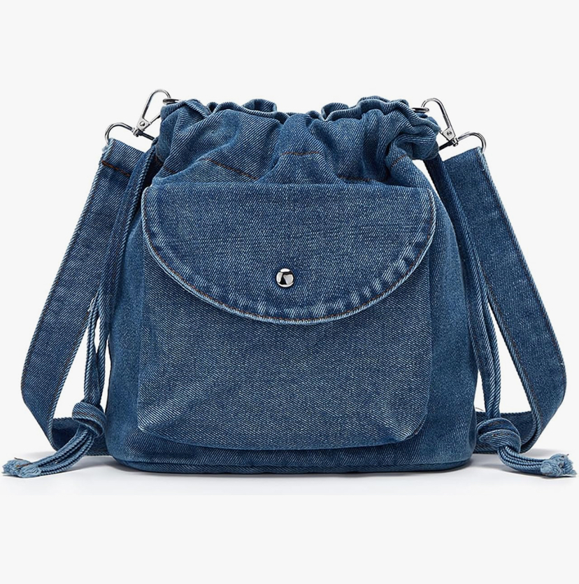 Cute Denim Drawstring Bucket Tote - 2 Denim Shades image