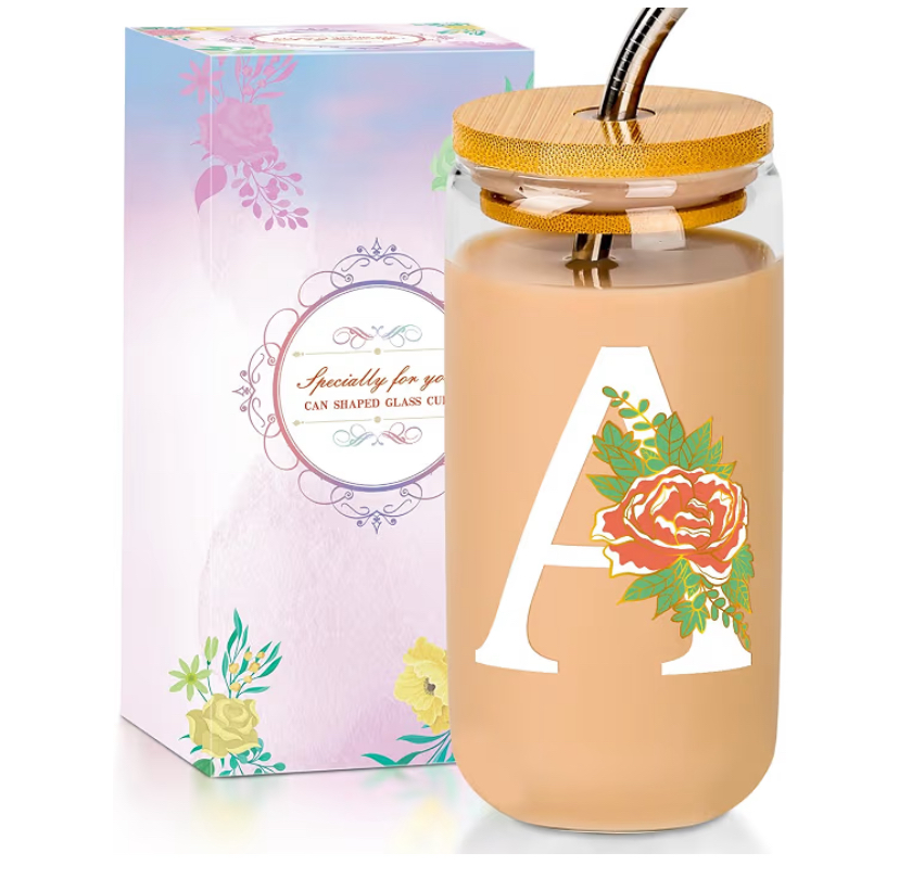 16oz Initial Glass Cup with Lid and Straw image