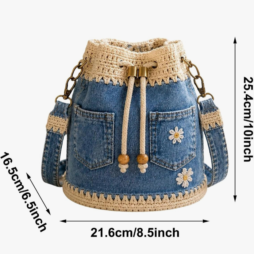 Adorable Crochet Drawstring Bucket Bag with Daisy Embroidery- 3 Bag Colors image