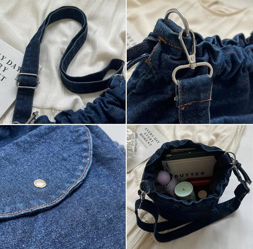 Cute Denim Drawstring Bucket Tote - 2 Denim Shades image