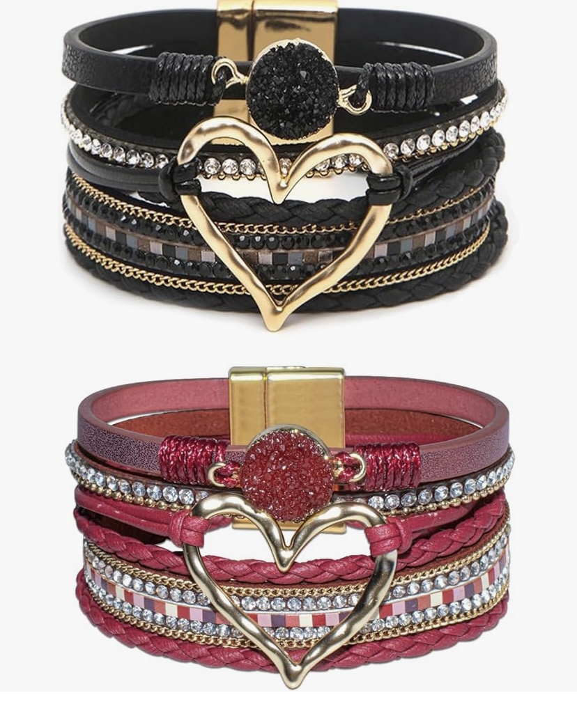 2 Pcs Boho Heart Bracelets Woven Leather - 9  Color Sets image