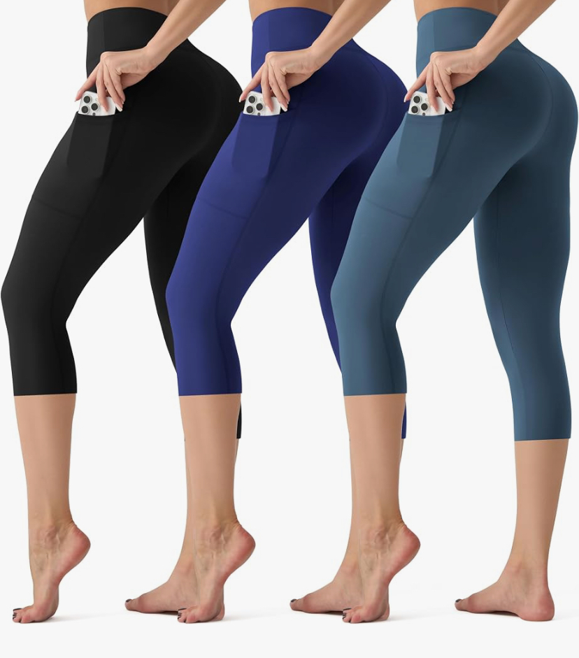 3 Pack Capri Leggings with Pockets - High Waisted Tummy Control - 9 Color Sets image