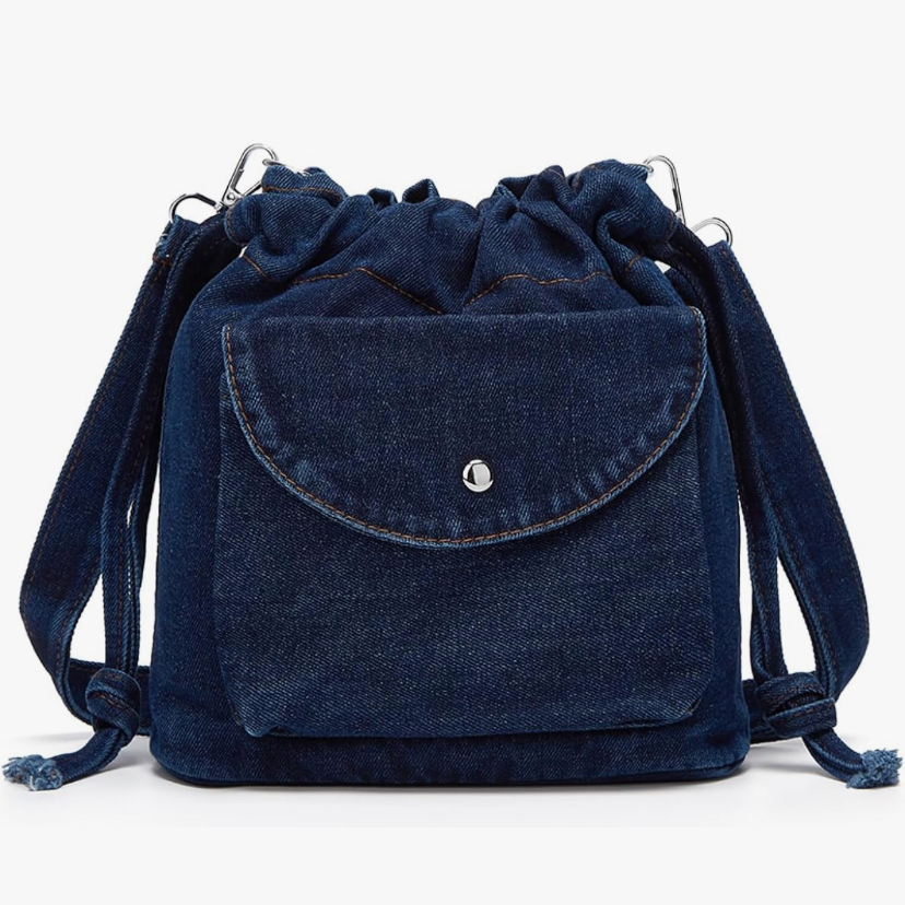 Cute Denim Drawstring Bucket Tote - 2 Denim Shades