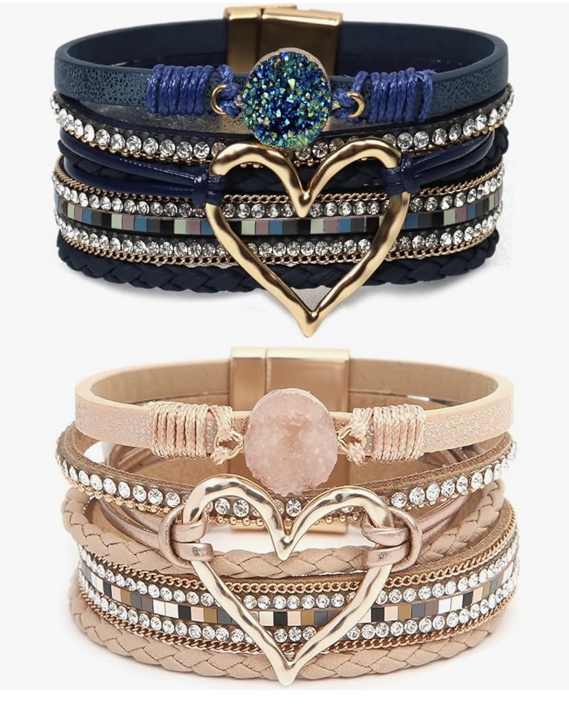 2 Pcs Boho Heart Bracelets Woven Leather - 9  Color Sets image