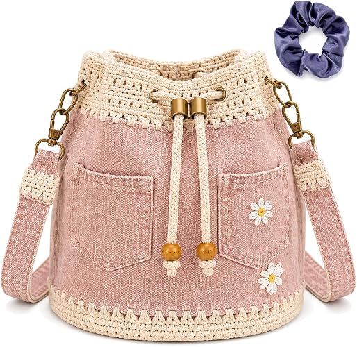 Adorable Crochet Drawstring Bucket Bag with Daisy Embroidery- 3 Bag Colors image
