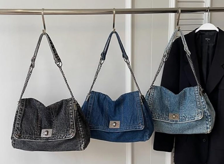 Trendy Denim Bag with Silver Hardware - 3 Shades of Denim