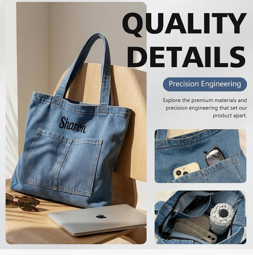 Personalized Denim Shoulder Tote Bag - Dark  Blue or Light Blue image