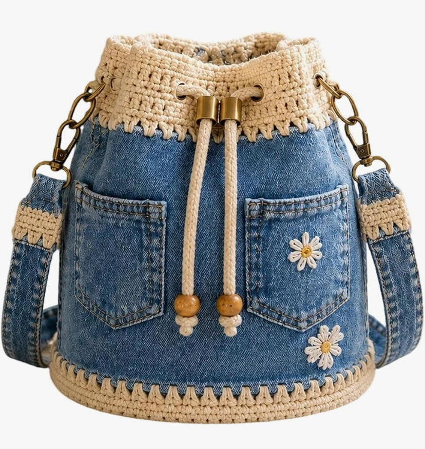 Adorable Crochet Drawstring Bucket Bag with Daisy Embroidery- 3 Bag Colors image