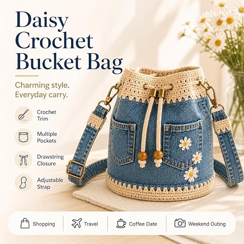 Adorable Crochet Drawstring Bucket Bag with Daisy Embroidery- 3 Bag Colors image