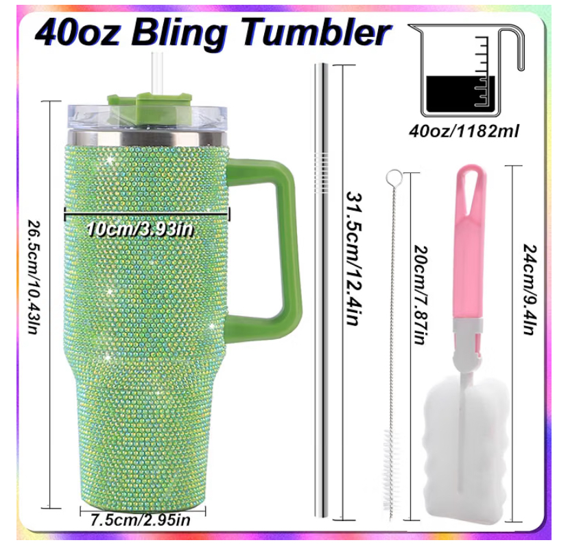 40oz Rhinestone Tumbler Set - Bling Stainless Steel with Handle, Includes Leakproof Lid,  2 Straws and 2 Brushes- 7 Colors image
