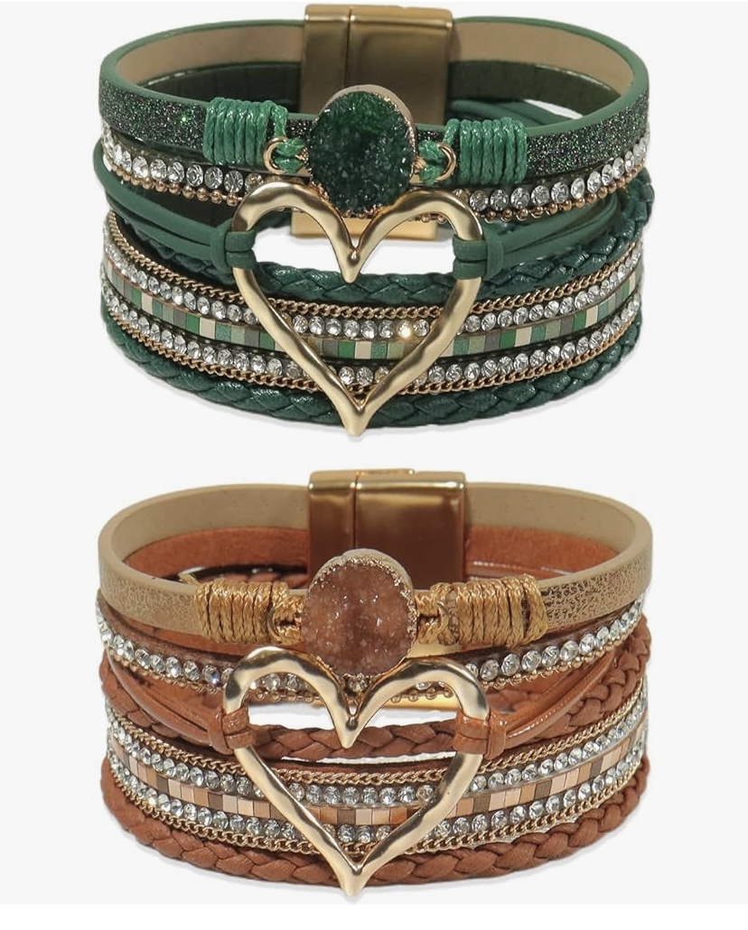 2 Pcs Boho Heart Bracelets Woven Leather - 9  Color Sets image