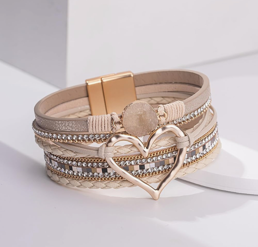 2 Pcs Boho Heart Bracelets Woven Leather - 9  Color Sets image