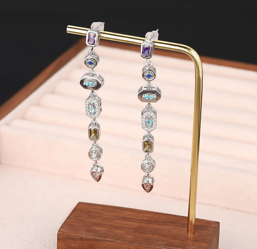Colorful Gemstone 7 Stone Dangle Earrings - Gold Or Silver image