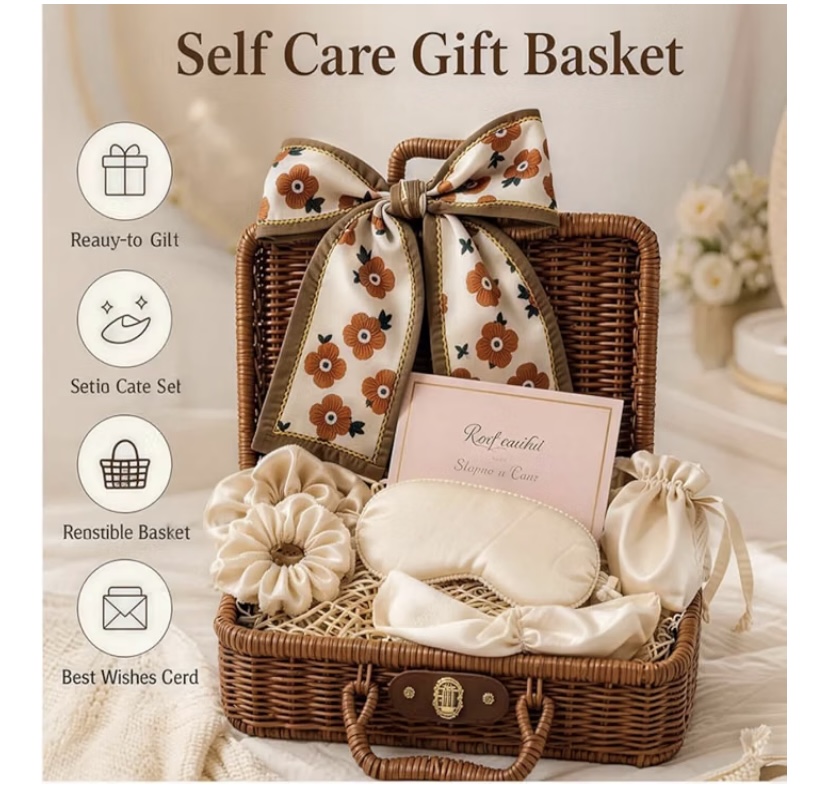 Woven Rattan Basket with Satin Self Care Kit & Floral Scarf image