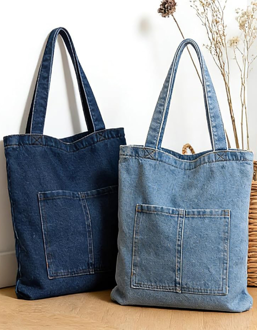 Personalized Denim Shoulder Tote Bag - Dark  Blue or Light Blue