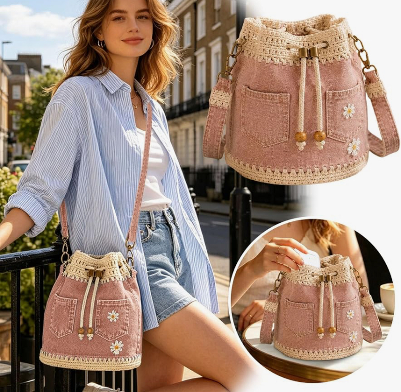 Adorable Crochet Drawstring Bucket Bag with Daisy Embroidery- 3 Bag Colors image