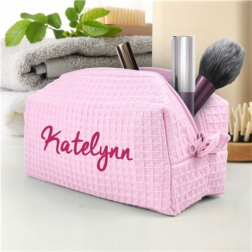 Embroidered Name Bright Pink Thread Waffle Weave Cosmetic Bag - Light Pink