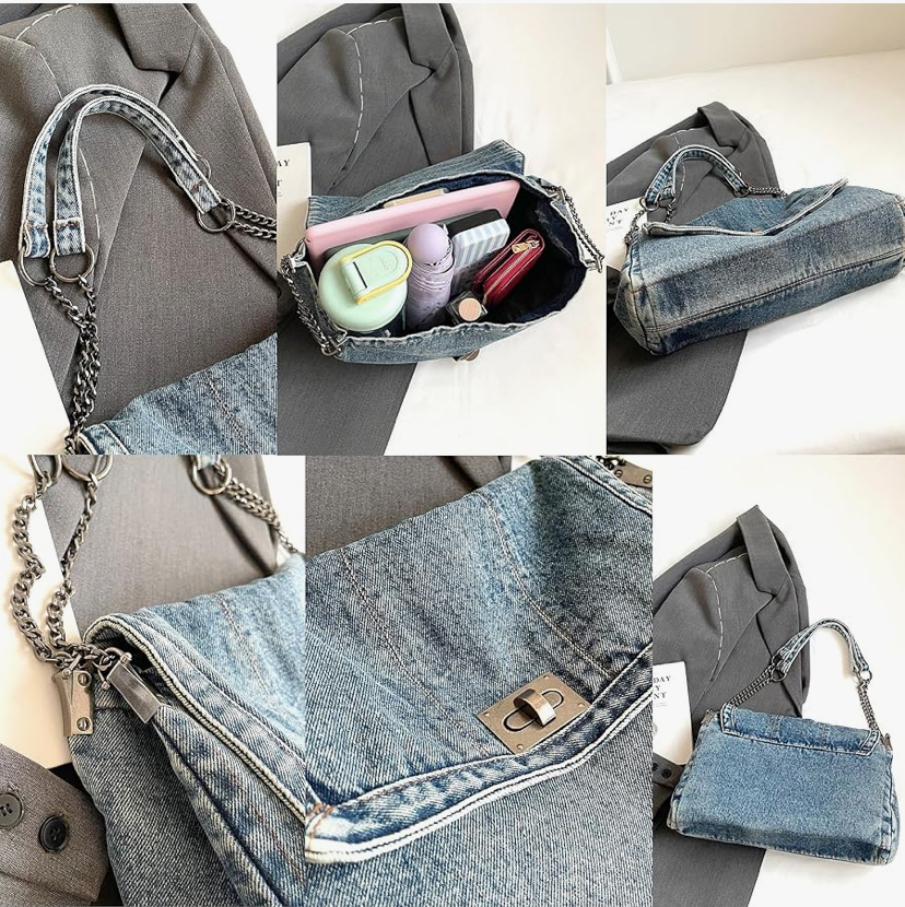 Trendy Denim Bag with Silver Hardware - 3 Shades of Denim image