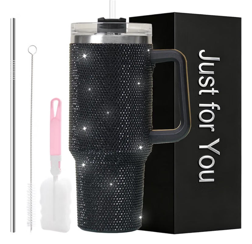 40oz Rhinestone Tumbler Set - Bling Stainless Steel with Handle, Includes Leakproof Lid,  2 Straws and 2 Brushes- 7 Colors